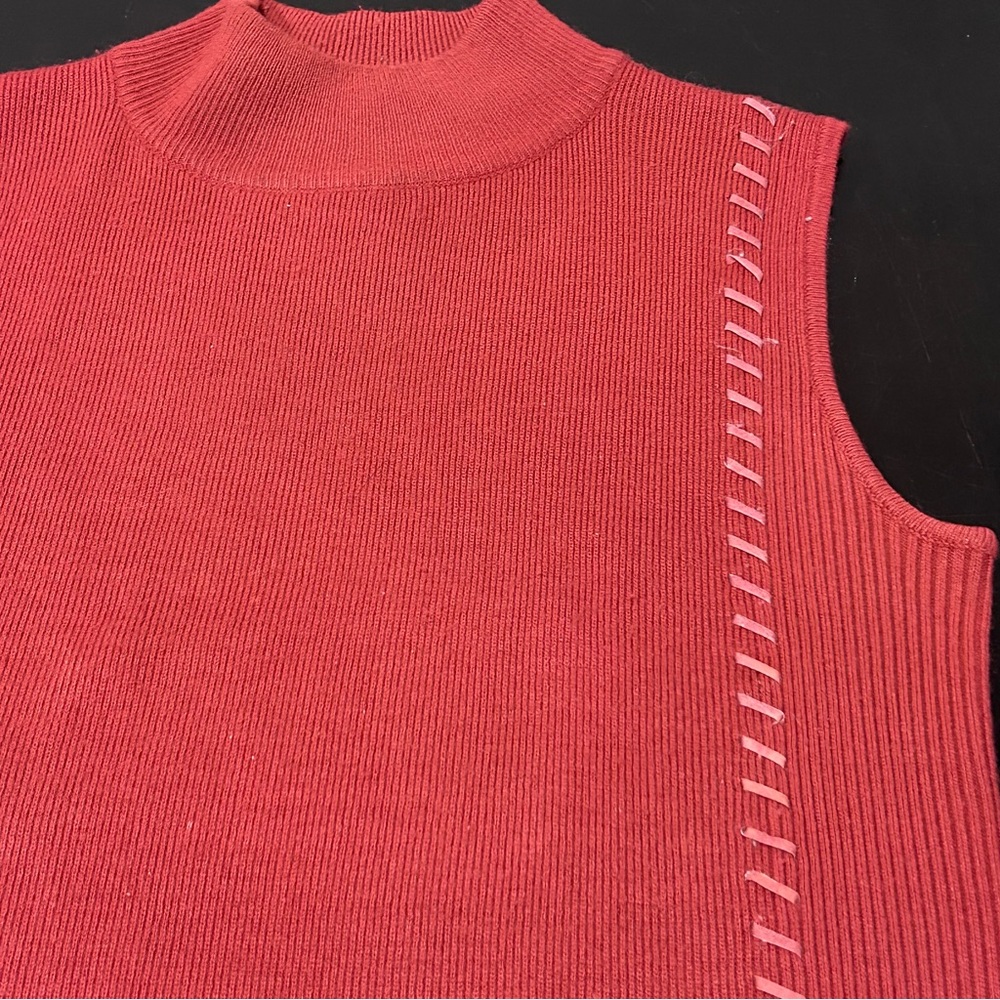 Vintage Lana Lee Rust Red Ribbed Mock Neck Sleeveless Ladder Knit Detail Size S